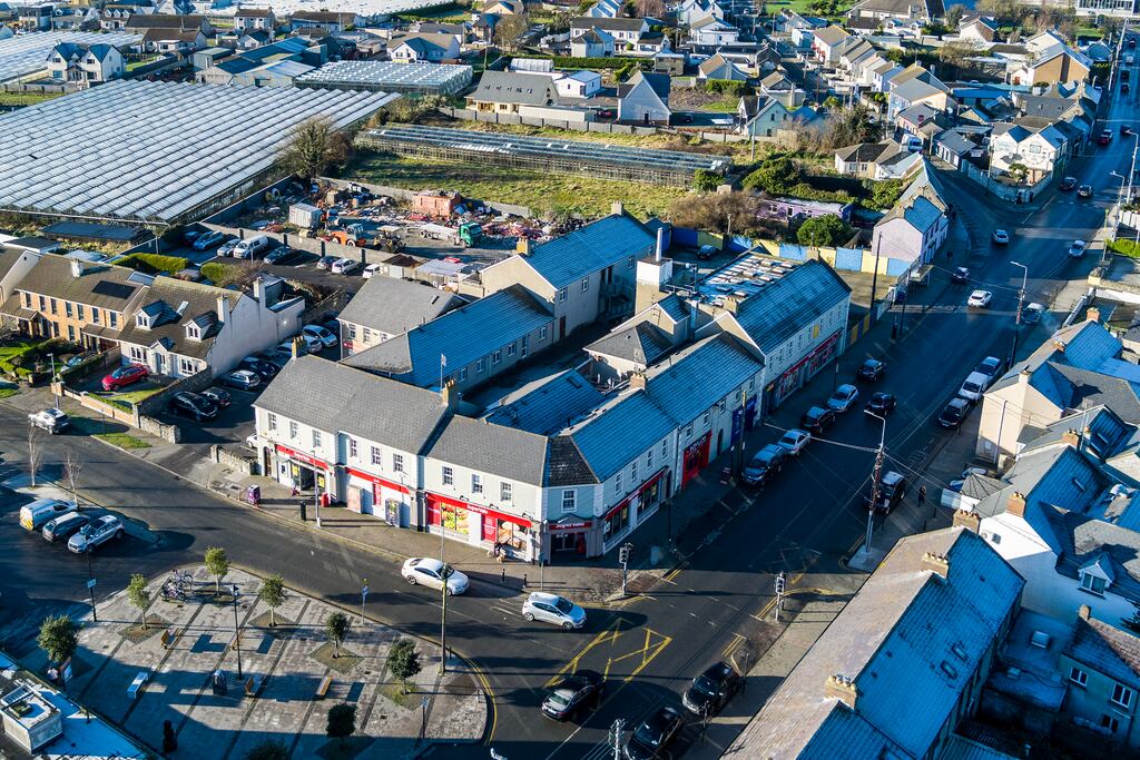 An aerial view of the mixed-use investment on Main Street in Rush, Co Dublin. The scheme is anchored by a SuperValu store