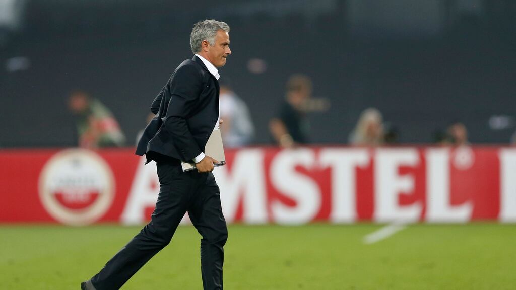 Manchester United manager Jose Mourinho watched his team lose their first game of the Europa League group stages. Photograph: Matthew Childs/Reuters