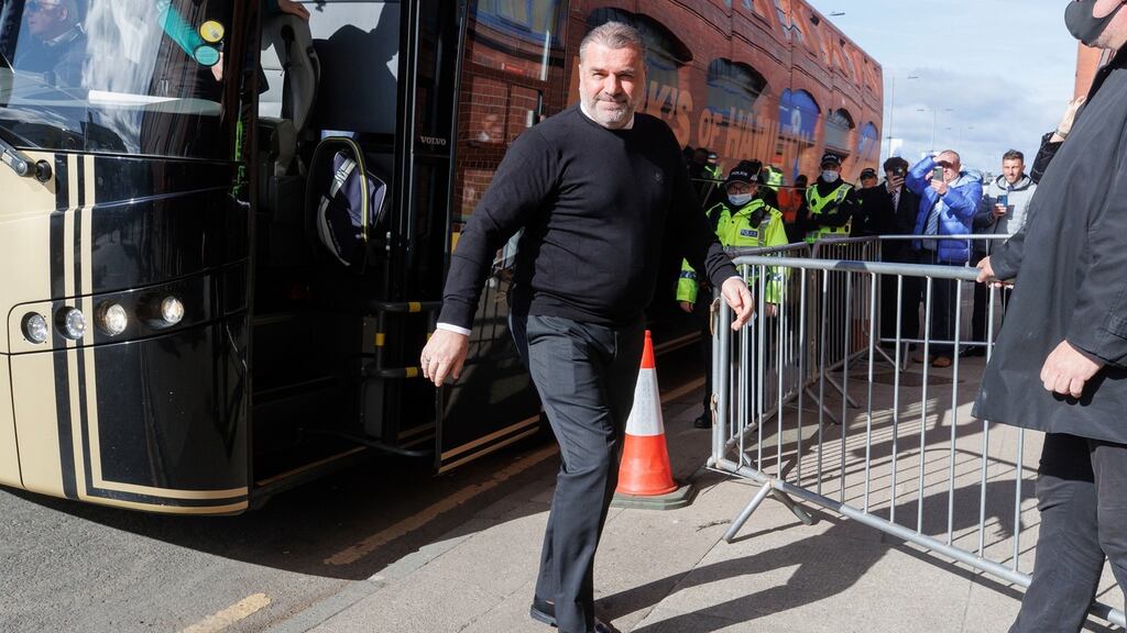 Celtic manager Ange Postecoglou arrives at Ibrox Stadium before the crunch Premiership match. Photograph: Steve Welsh/PA Wire