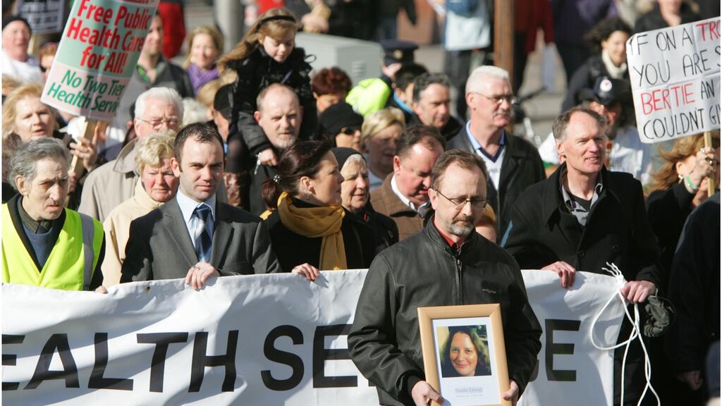 Conor MacLiam, whose wife Susie Long died from bowel cancer, at a protest in March 2008. Long died after a seven month wait for a colonoscopy. File photograph: Bryan O’Brien