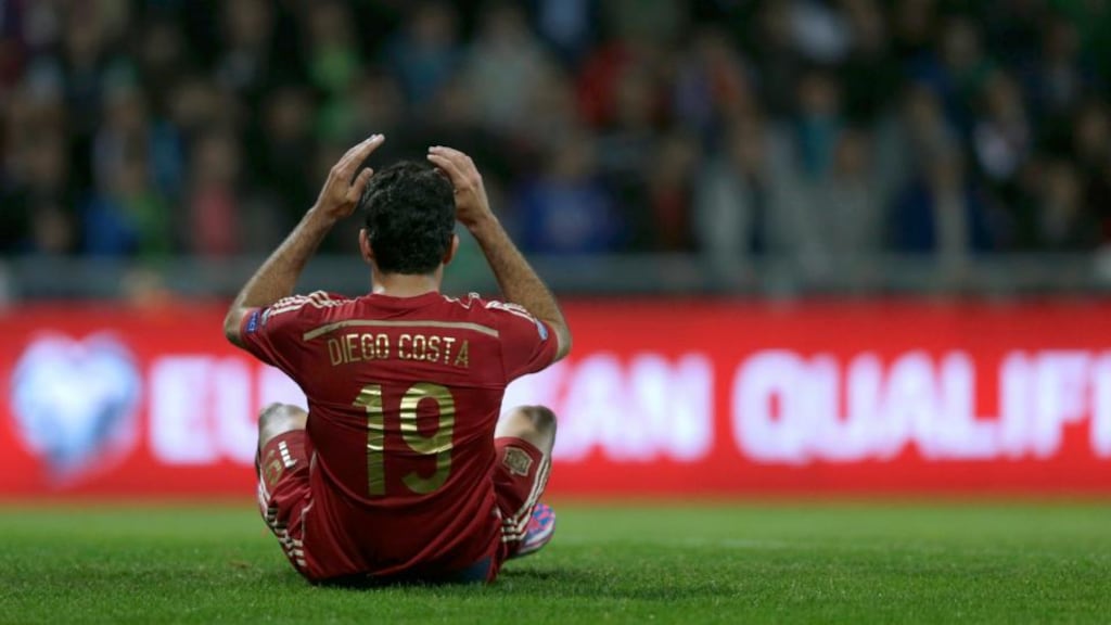 Diego Costa of Spain reacts during their defeat in Slovakia. Photograph: David W Cerny/Reuters
