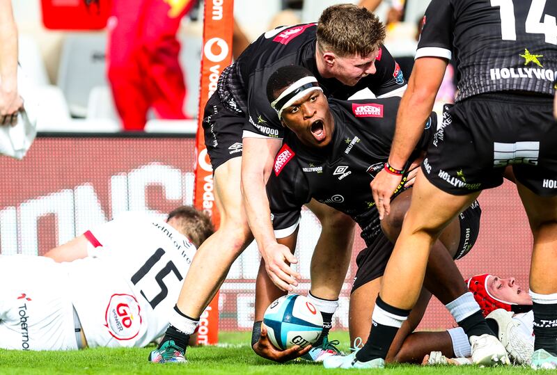 Phepsi Buthelezi of the Sharks celebrates after scoring a try against Ulster in the URC clash at Hollywoodbets Kings Park, Duban, South Africa. Photograph: Steve Haag/Steve Haag Sports/Inpho
