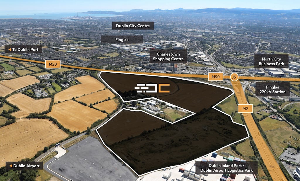 An aerial view of the land at Dublin Central Logistics Park shows its position at the junction of the M50 and M2 motorways