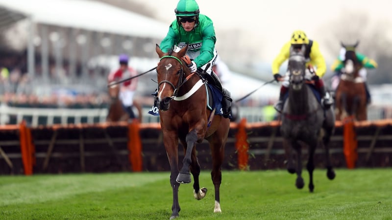 We Have A Dream ridden by Daryl Jacob on their way to winning the Doom Bar Anniversary 4-Y-O Juvenile Hurdle at Aintree. Photograph: Tim Goode/PA Wire