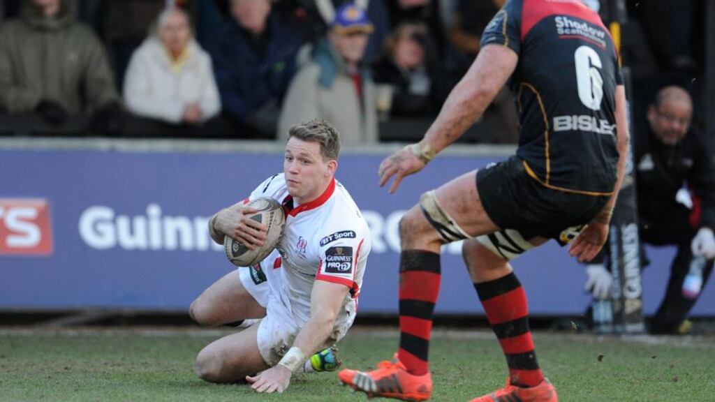 Ulster’s Craig Gilroy scores his side’s second try against Newport Gwent Dragons. Photograph: Ian Cook/Inpho