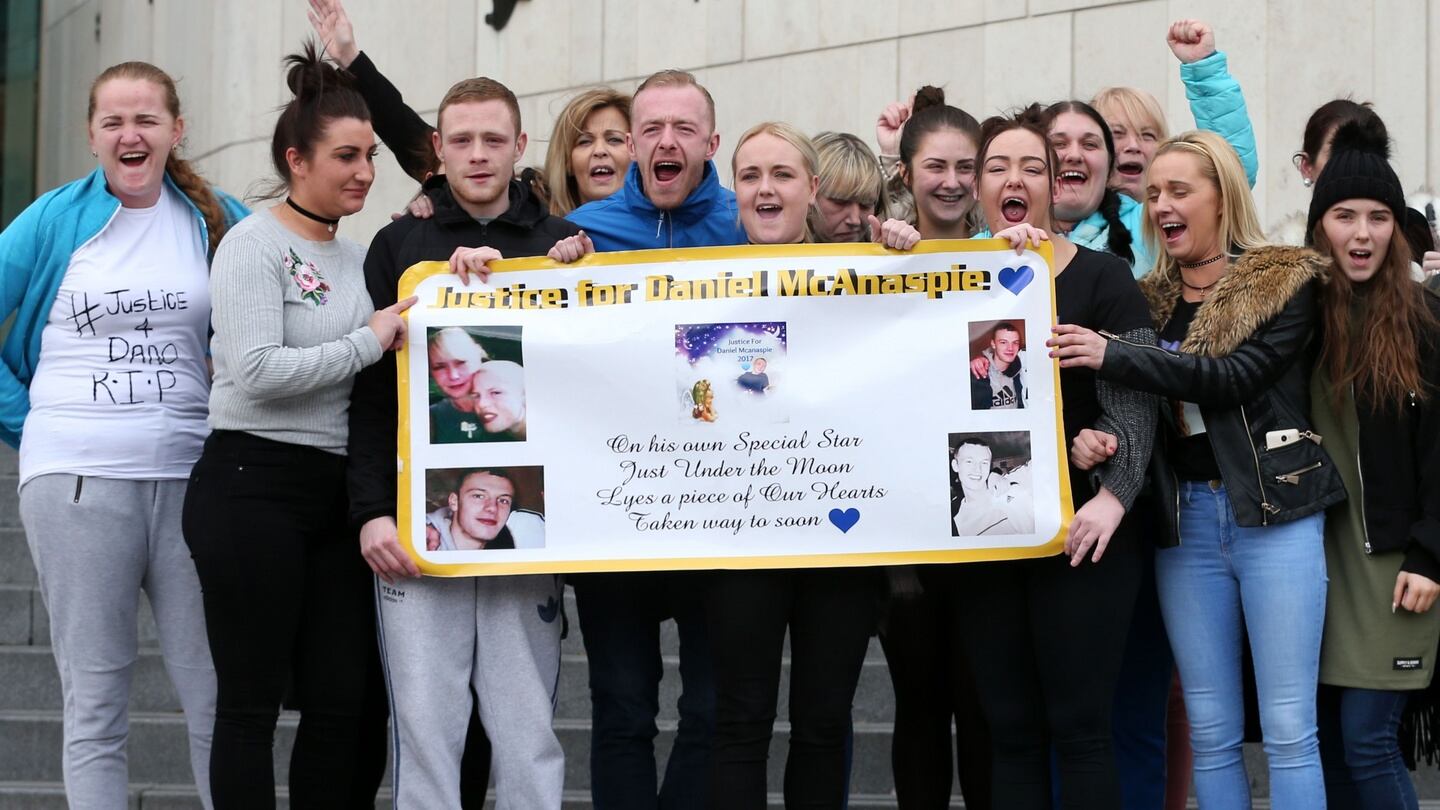 Family and friends of Daniel McAnaspie outside the Central Criminal Court in Dublin.