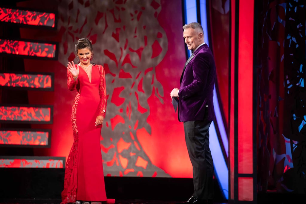 Waterford Rose Abby Walsh on stage at the Kerry Sports Academy with presenter Dáithí Ó’Sé. Photograph: Domnick Walsh © Eye Focus Ltd