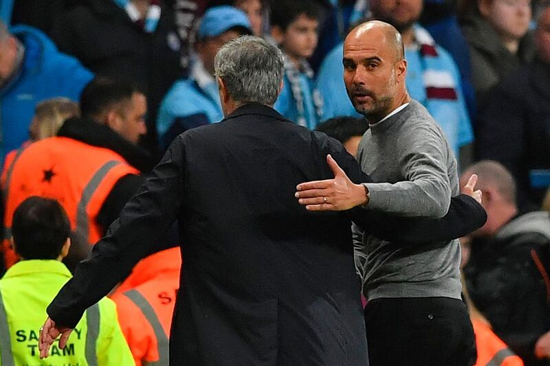 Manchester City manager Pep Guardiola and United manager José Mourinho: “In the first half against United we tried to do what we’ve done all season, but maybe it’s not enough to win at Champions League level or the Premier League.” Photograph: Ben Stansall/AFP/Getty Images