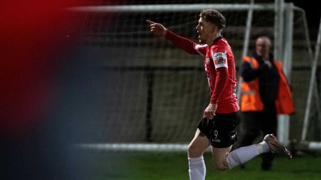 Derry City’s Jamie McGonigle celebrates scoring the winning goal against Shamrock Rovers. Photograph: Evan Logan/Inpho