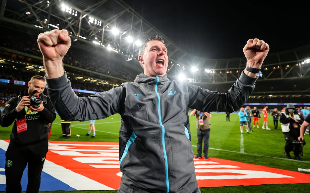Drogheda manager Kevin Doherty celebrates after the Drogs' win over Derry City in the FAI Cup final at the Aviva Stadium on Sunday. Photograph: Nick Elliott/Inpho