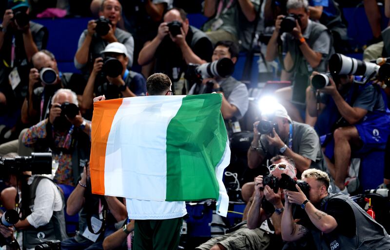 Ireland’s Daniel Wiffen celebrates winning gold in the 800m freestyle at La Defense arena in Paris on Tuesday. Photograph: James Crombie/Inpho