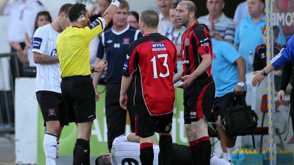 Bohemians’ Owen Heary is sent off against Dundalk. Photograph: Lorraine O’Sullivan/Inpho