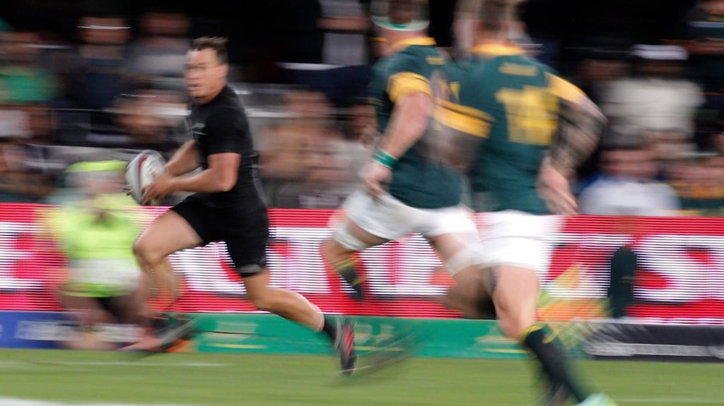 New Zealand’s Israel Dagg running with the ball while South Africa’s Jaco Kriel tries to tackle him during the Rugby Championship test match played at the Kings Park Stadium, Durban. Photograph: EPA