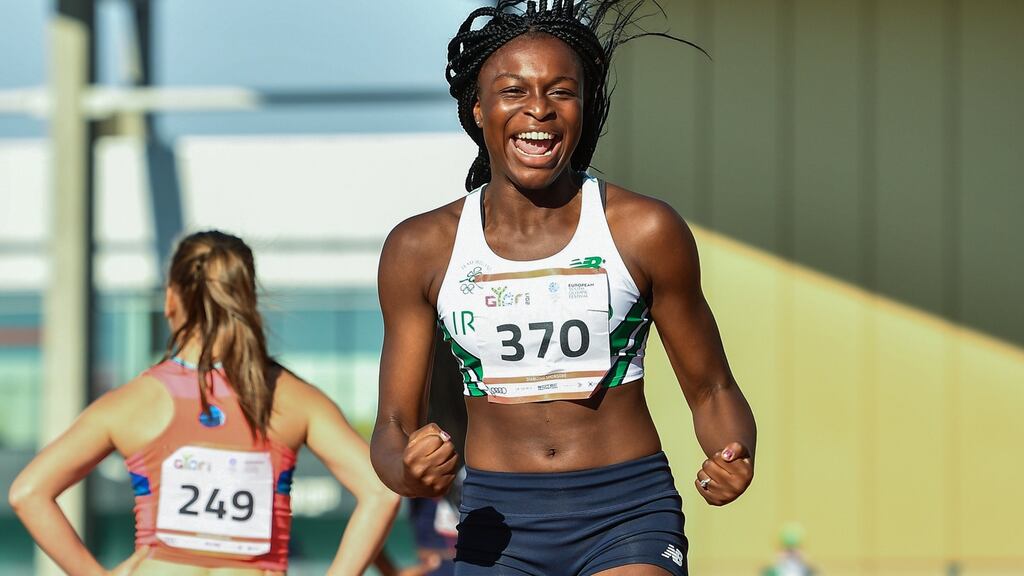 Ireland’s Patience Jumbo Gula celebrates after winning the bronze medal in the 100m the European Youth Olympic Festival in Gyor, Hungary. Photograph: Eóin Noonan/Sportsfile