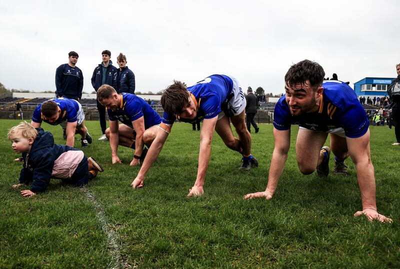 Wicklow’s Dean Healy’s daughter Fiadh goes through the warm-down with the Wicklow team after the game. Photograph: Dan Sheridan/Inpho