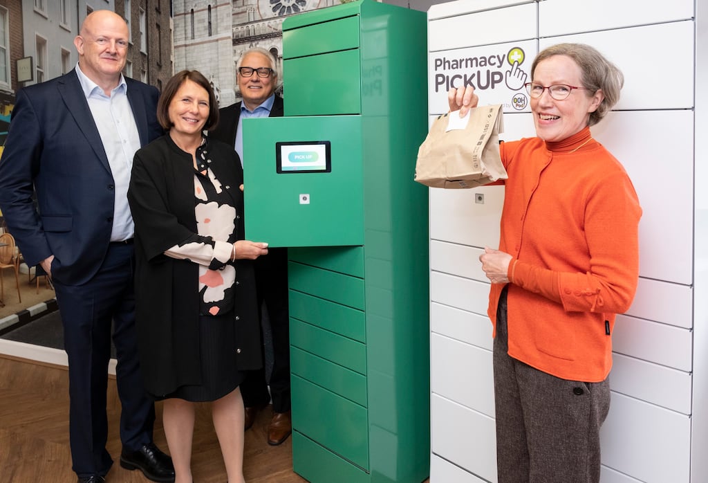 John Tuohy, chief executive of OohPod; Sirpa Peura, co-founder and chair of Remomedi; Kari Paukkeri, co-founder and chief executive of Remomedi; and Raili Lahnalampi, Finnish ambassador to Ireland at the launch of the new lockers. Photograph: Paul Sherwood