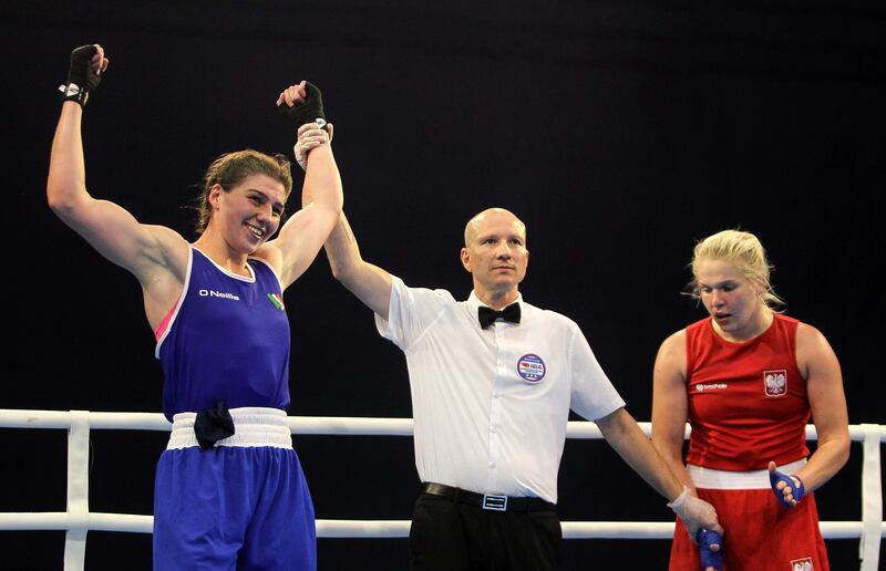 Ireland’s Aoife O’Rourke is declared the winner of the women's middleweight final. Photograph: Aleksandar Djorovic/Inpho