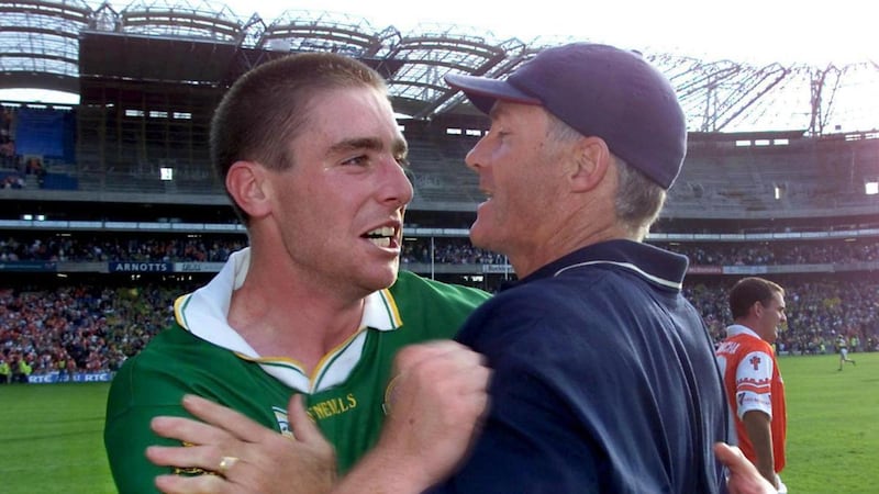 Darragh O’Se and John O’Keeffe of Kerry celebrate at the end of the 2000 All-Ireland SFC semi-final. Photo: Billy Stickland/Inpho