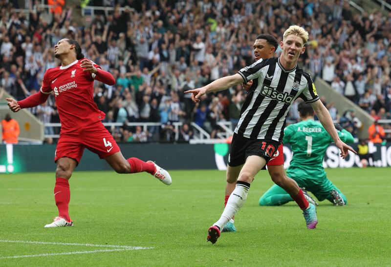 Anthony Gordon of Newcastle United celebrates after scoring against Liverpool. Photograph: Ian MacNicol/Getty