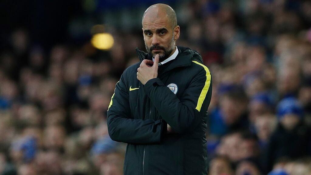 Manchester City manager Pep Guardiola looks perplexed during his side’s 4-0 defeat to Everton despite dominating possession at Goodison Park. Photograph: Getty Images