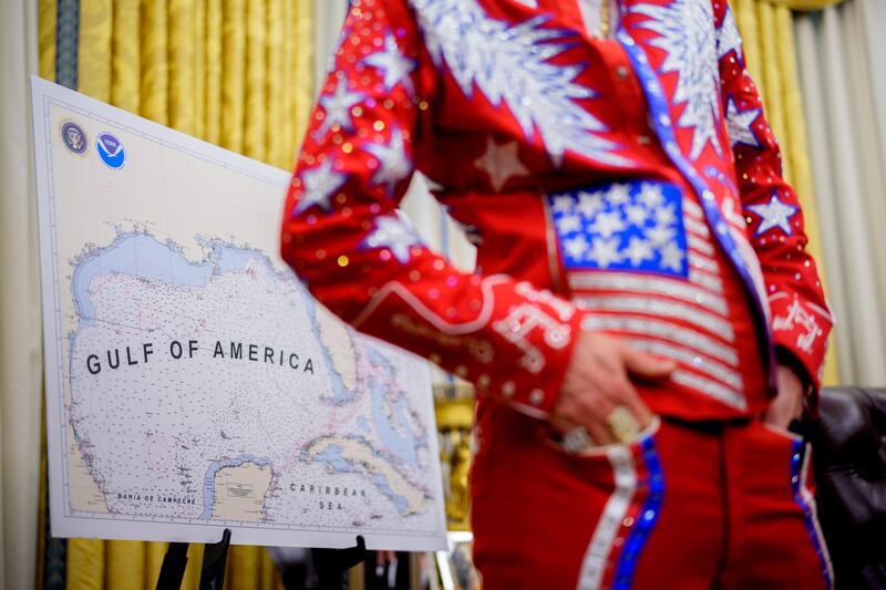 Kid Rock beside an image depicting the newly renamed 'Gulf of America' in the Oval Office. Photograph: Andrew Harnik/Getty