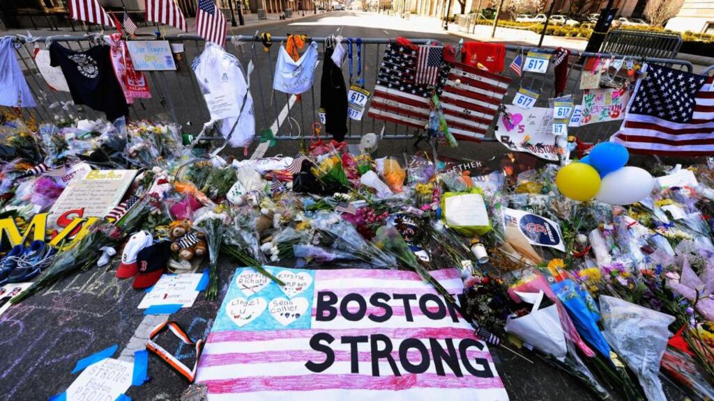 A makeshift memorial for victims today near the site of the Boston Marathon bombings at the intersection of Boylston Street and Berkley Street. Photograph: Kevork Djansezian/Getty Images
