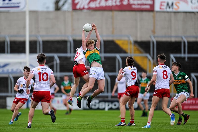Kerry’s Jack Clifford and Caolan Donnelly of Tyrone battle for possession during the Electric Ireland All-Ireland MFC quarter-final at MW Hire O'Moore Park in Portlaoise. Photograph: Tommy Grealy/Inpho