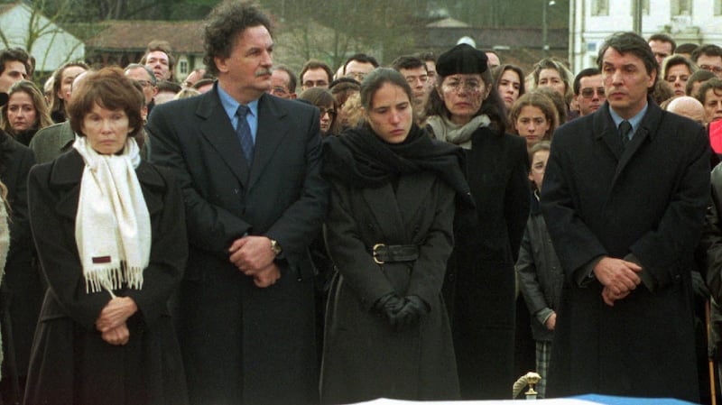 Danielle Mitterrand, widow of François Mitterrand; their son Jean-Christophe; Mazarine Pingeot, his daughter, and Mitterrand’s mistress Anne Pingeot; stand beside his coffin in 1996. Photograph: Laurent Rebours/AP Photo