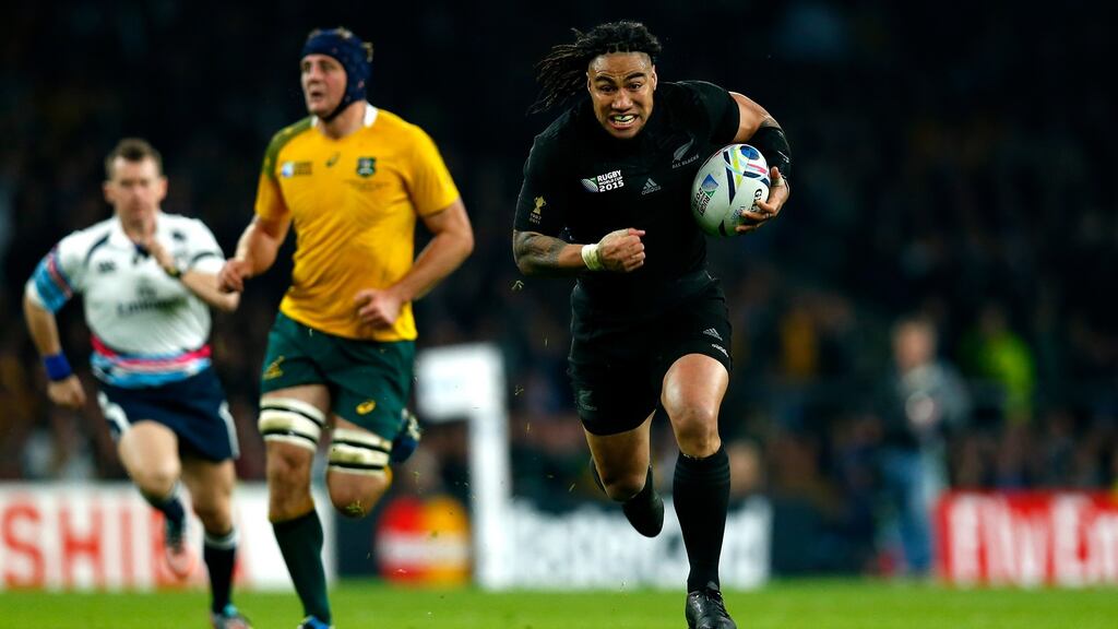 Ma’a Nonu of New Zealand breaks through on his way to score his team’s second try during the Rugby World Cup final with Australia. Photo: Mike Hewitt/Getty Images