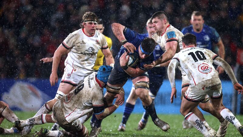 Leinster’s Joe McCarthy is tackled by Ulster’s Mick Kearney during the recent URC clash at the Kingspan Stadium. Photograph: Tom Maher/Inpho
