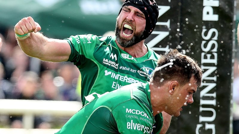 Connacht’s John Muldoon celebrates Kieran Marmion’s try in their record victory over Leinster in Galway the last time the sides met. Photograph: Gary Carr/Inpho
