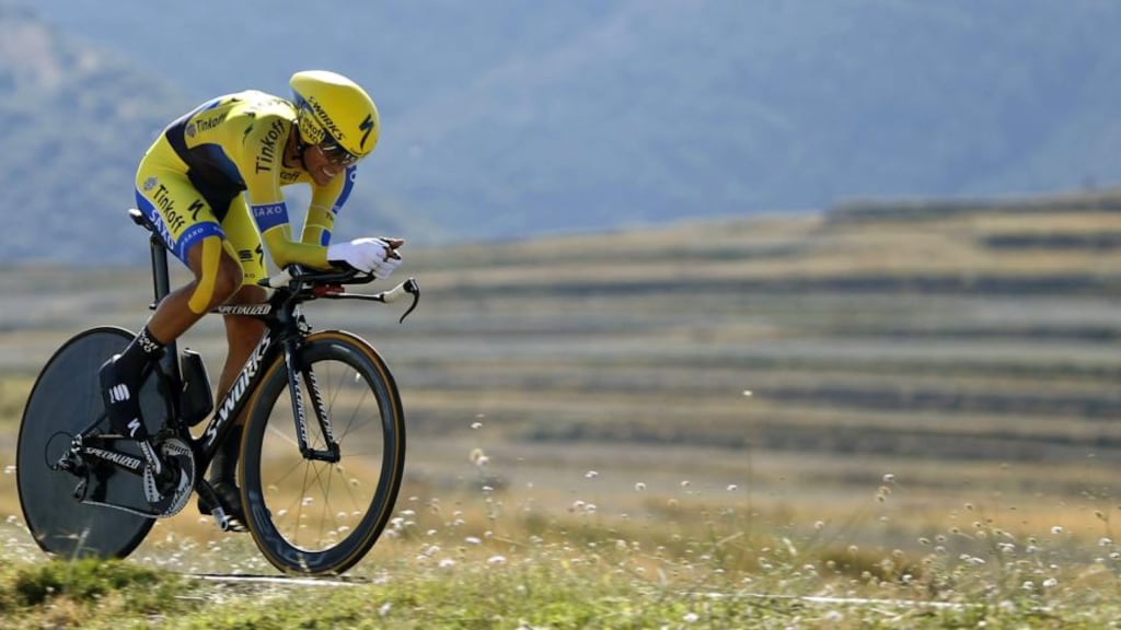 Alberto Contador of the Tinkoff-Saxo team in action during yesterday’s 10th stage of the Vuelta a España, where he finished fourth and took over the red jersey.