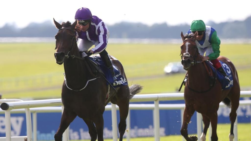 Seventh Heaven ridden by Seamie Heffernan takes the Irish Oaks at the Curragh. Photograph: PA