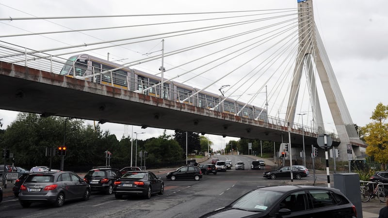 Luas tram crossing the Dundrum bridge on the green line. Photograph: Aidan Crawley