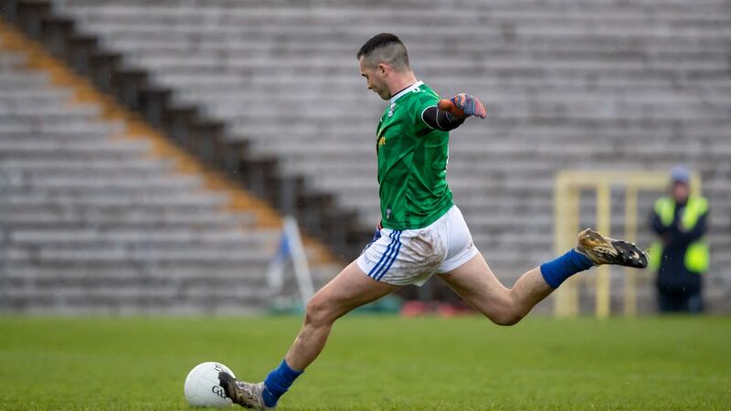 Cavan captain Raymond Galligan kicks the winning score in the dying minutes of extra-time of their clash with Monaghan in the senior football championship preliminary round. Photograph: Morgan Treacy/Inpho