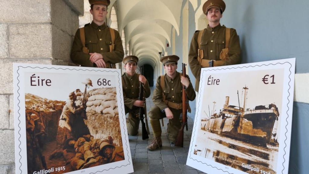 Liam Heslin, Thomas Reilly, Kevin C Olohan , and John Cronin of an ANU production currently running at Collins Barracks which tells the story of the 7th Battalion of the Royal Dublin Fusiliers, pictured at the launch by An Post of two new stamps, at Collins Barracks. Photograph: Colin Keegan/Collins.