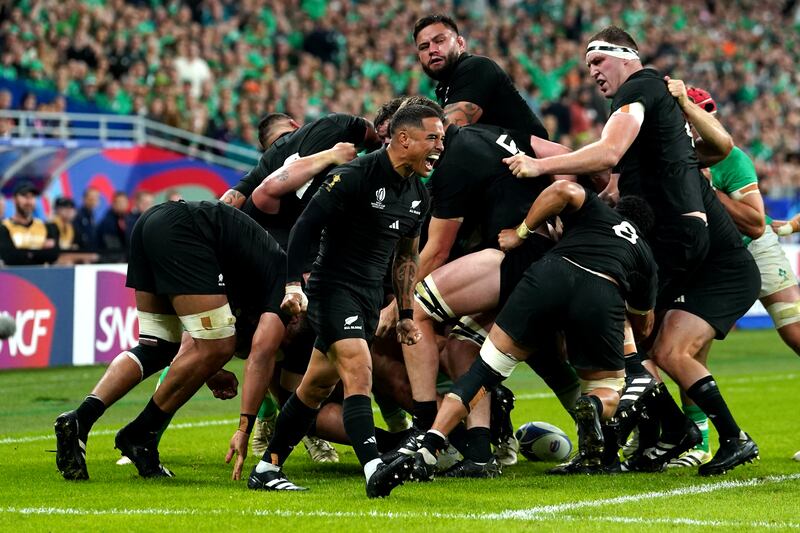 New Zealand's Aaron Smith after his side wins a scrum penalty in the Rugby World Cup quarter-final with Ireland. Photograph: Gareth Fuller/PA Wire.
