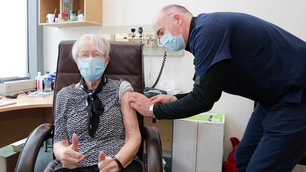 Patricia Lewin(93) from, Corbally, Limerick who received her first vaccine dose from Dr Ronan Ryder, Old Windmill Medical Centre on Tuesday.Photograph: Liam Burke/Press 22
