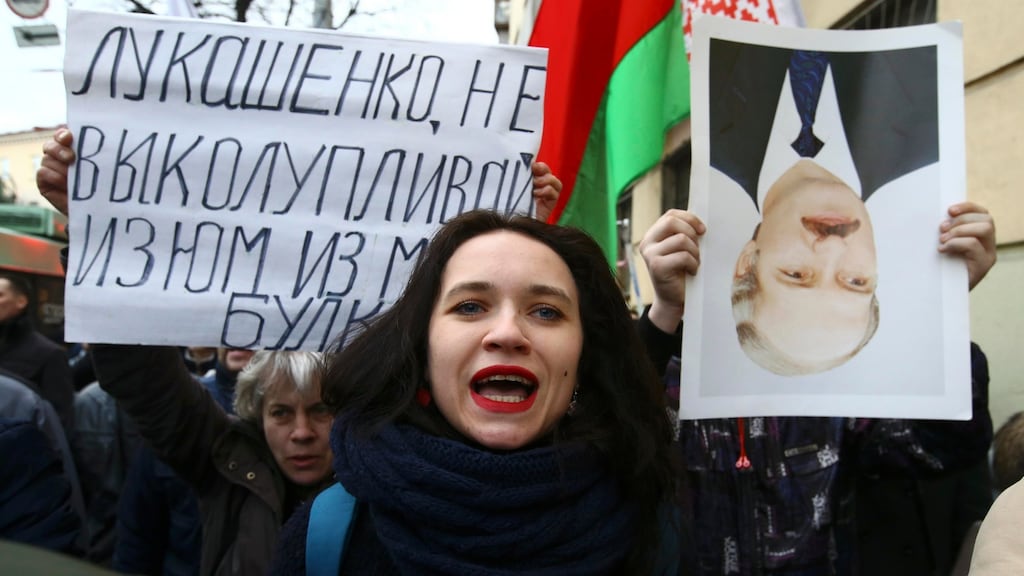 People protest against increased tariffs for communal services and new taxes in Minsk, Belarus, on March 15th. The placard , referring to the country’s president, reads: “Lukashenko, stop picking the raisins out of the bread”. Photograph: Vasily Fedosenko/Reuters