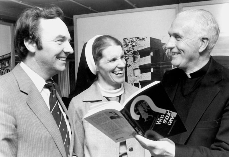 Sr Stanislaus Kennedy at the launch in 1981 of her book Who Should Care?: The Development of Kilkenny Social Services, 1963-1980, with then minister for health and social welfare Dr Michael Woods (left) and auxiliary bishop of Dublin James Kavanagh. Photograph: Paddy Whelan
