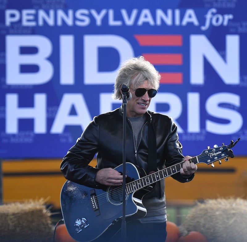 Singer Jon Bon Jovi performs during a Biden-Harris Drive-In event at Dallas High School, in Dallas, Pennsylvania, on October 24th, 2020. Photograph: Angela Weiss/AFP