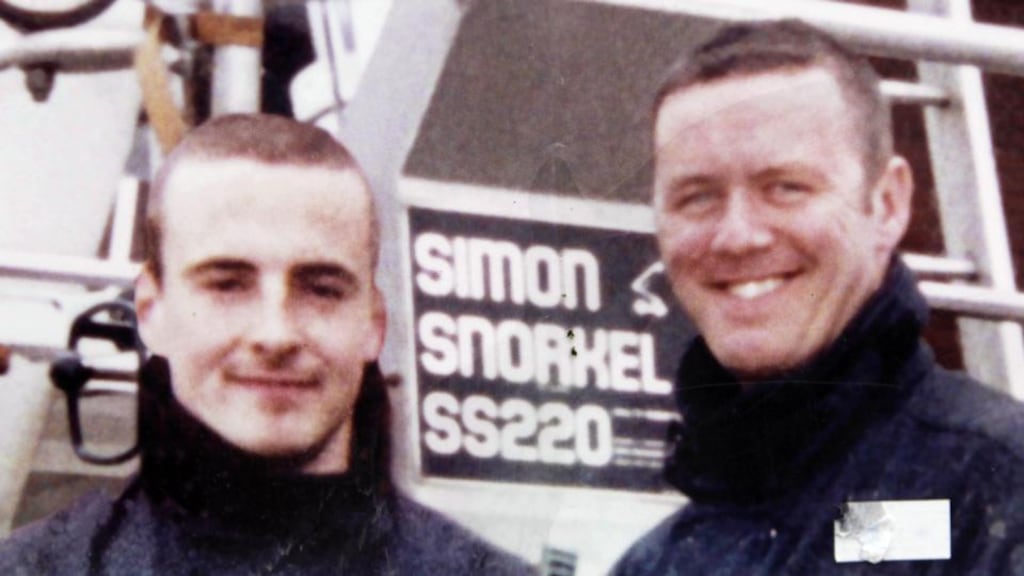 Firefighters Mark O’Shaugnessy (left) and Brian Murray at the scene where they died in a fire at a disused building in Bray, Co Wicklow, in 2007. Photograph: Niall Carson/PA Wire