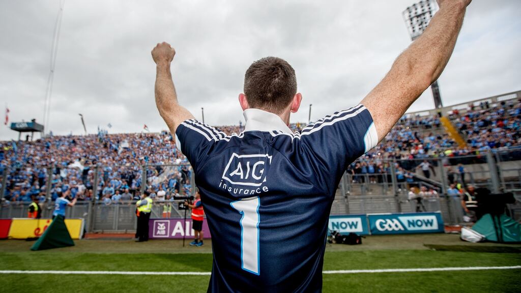 Dublin’s goalkeeper Stephen Cluxton acknowledges Hill 16 after winning the All-Ireland. Photo: James Crombie/Inpho