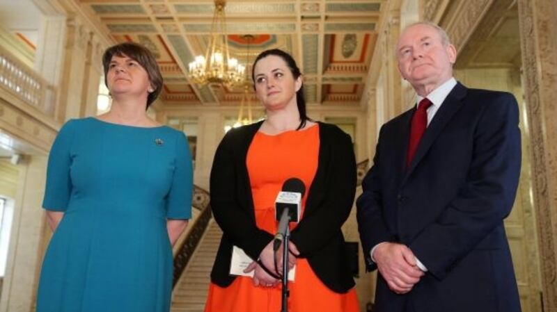 Northern Ireland First Minister Arlene Foster and Deputy First Minister Martin McGuinness with Minister of Justice Claire Sugden at Stormont in May. Photograph: Kelvin Boyes/Press Eye/PA Wire
