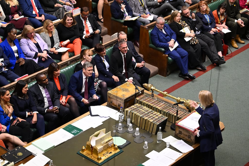 New British prime minister Liz Truss addresses Labour leader Sir Keir Starmer in the House of Commons. Photograph: PA
