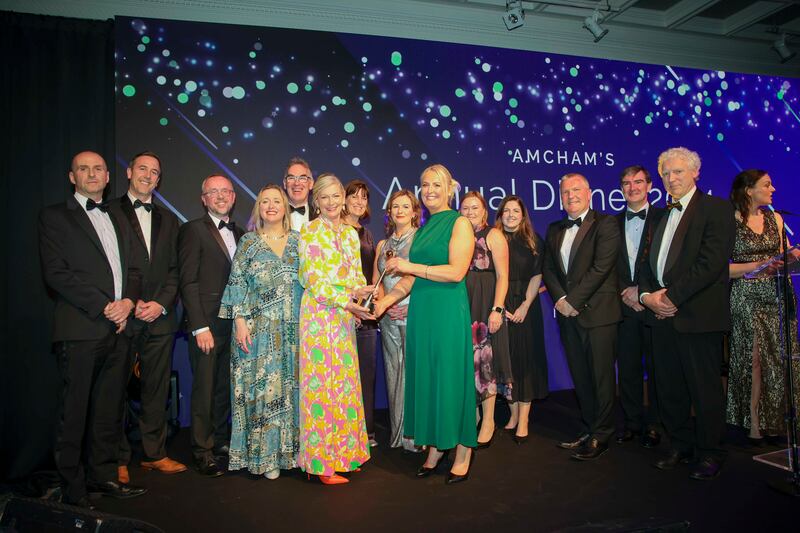 AmCham president, Elaine Murphy and outgoing Minister for Finance, Michael McGrath, presenting the American Chamber 2024 global community award to Bank of America for its Mná na hÉireann, Women of Ireland Fund at the 2024 US-Ireland Business Awards and Annual Dinner. Photograph: Chris Bellew/Fennell Photography