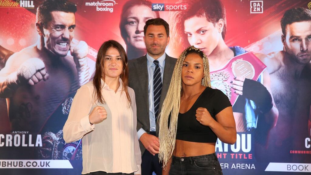 Katie Taylor and Christina Linardatou face off ahead of their fight on Saturday  at Manchester Arena. Photograph:  Alex Livesey/Getty Images