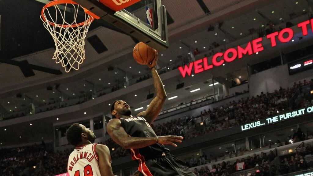 LeBron James of the Miami Heat shoots against Nazr Mohammed of the Chicago Bulls in Game Four of the NBA Eastern Conference semi-finals during the 2013 NBA Playoffs at the United Center in Chicago, Illinois. The Heat defeated the Bulls 88-65. Photograph: Jonathan Daniel/Getty Images