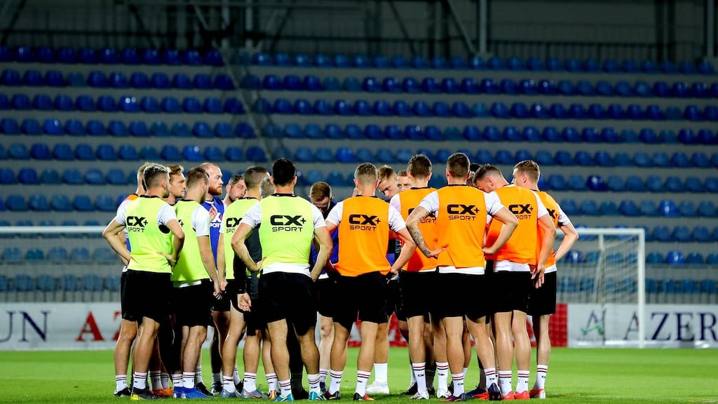 The Dundalk team during a training session at the Dalga Arena in Baku. Photograph: Ryan Byrne/Inpho