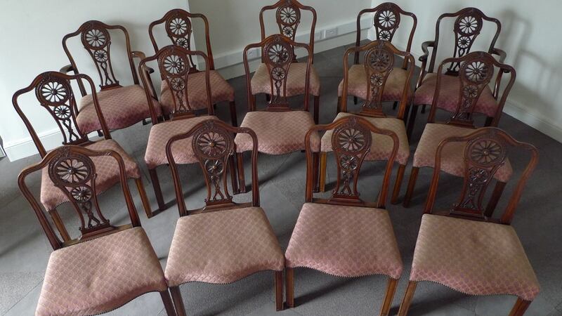 A set of 14 early 19th-century Hepplewhite-style mahogany dining chairs (€7,000-€8,000) for auction at Adams Blackrock on Tuesday, August 30th